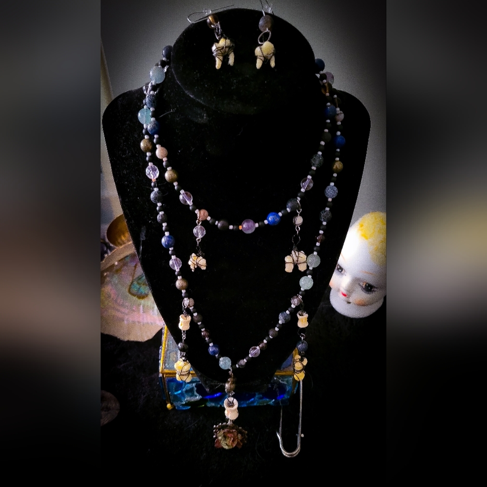 Artisan Necklace, Earring Set - Real Animal Bones, Crystal Beads, Upcycled